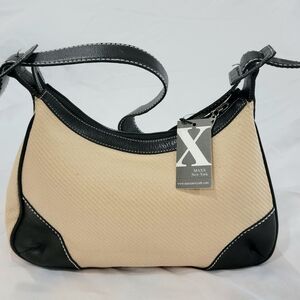 Vintage Maxx New York Baguette Handbag, Black Leather & Tan Weave, Y2K Style".